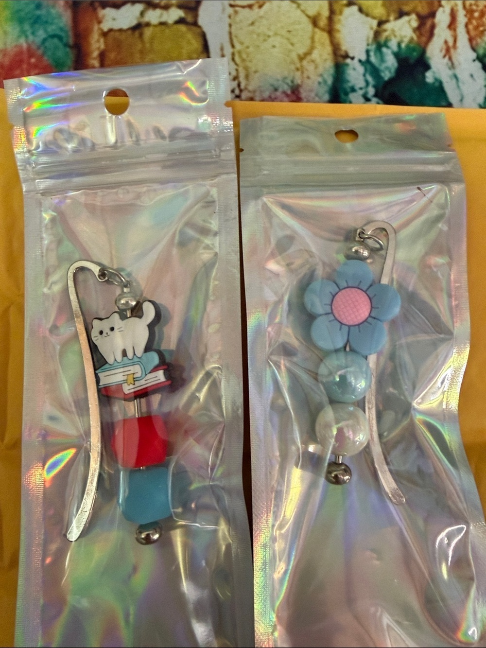 Cute Cat & Blue Flower Bookmark Set - Blue and Pink